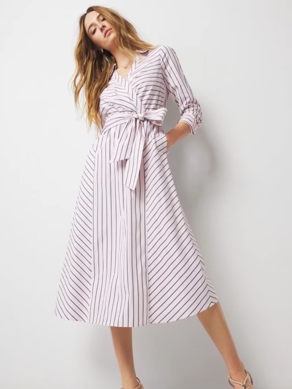 White House Black Market Poplin Midi Shirt Dress in Sherry Stripe White
